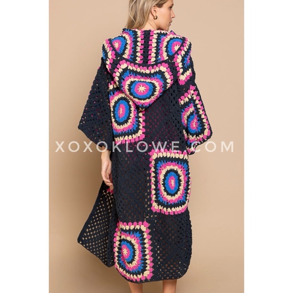 POL Black & Pink Crochet Granny Square Chenille Long Cardigan Relaxed Fit